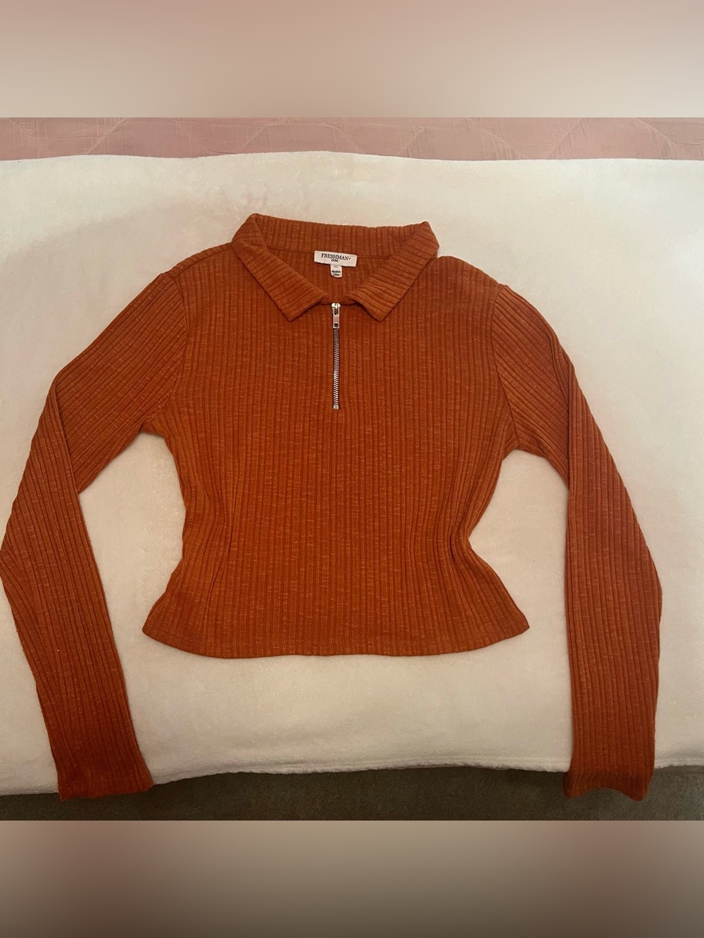 Women’s Rust Orange Ribbed Zip Collared Long Sleeve Crop Top